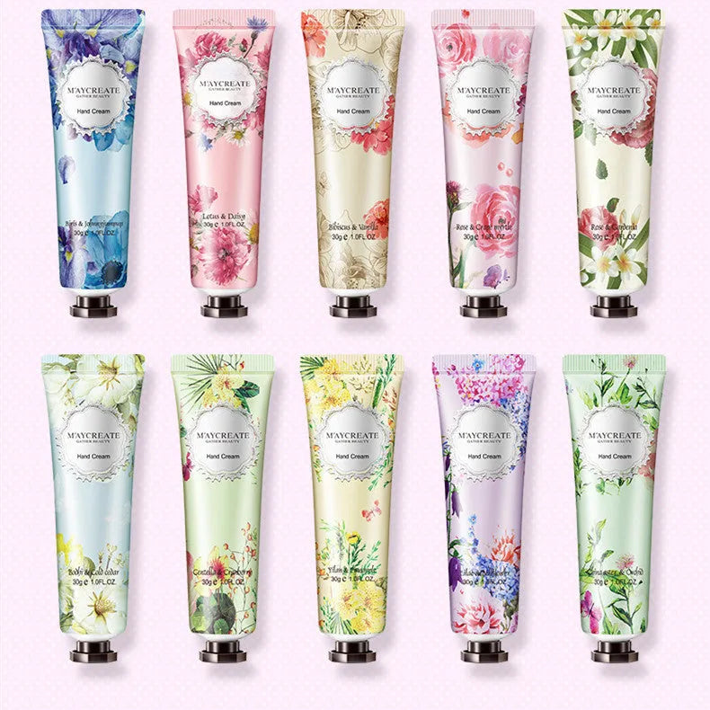 Hand cream tube with floral fragrance, 30g net content, moisturising paste