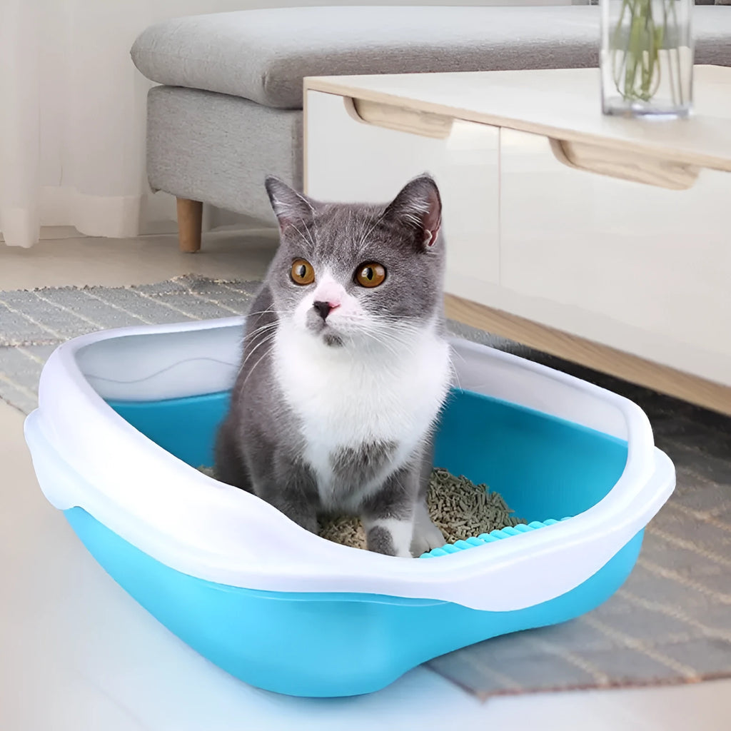 Large blue semi-enclosed thickened plastic cat litter box with cat shovel and optional mat