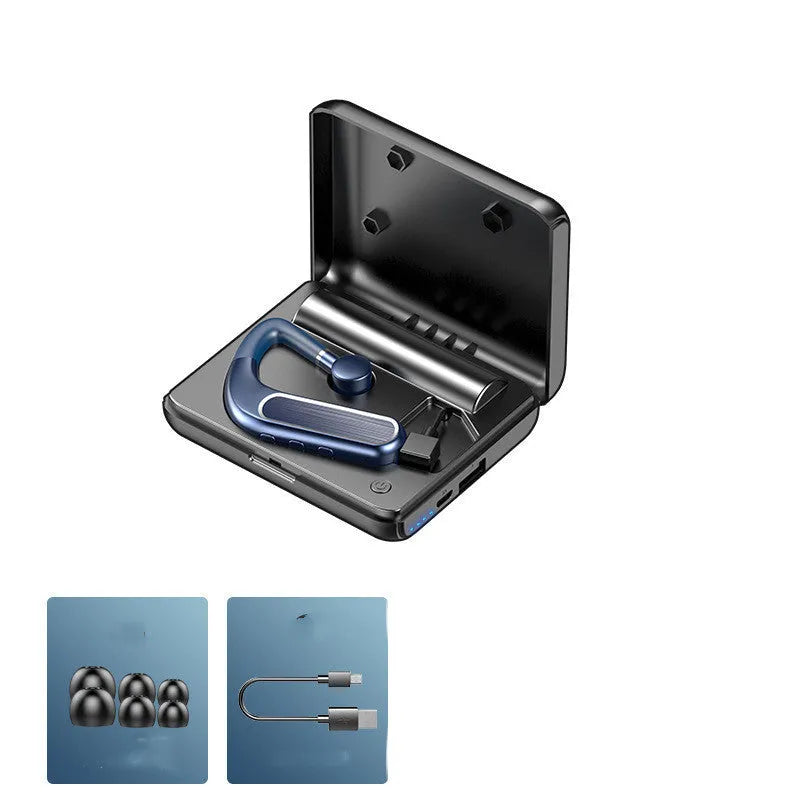 Black Bluetooth hanging-ear earphones for sports, shown with charging case and spare ear caps.