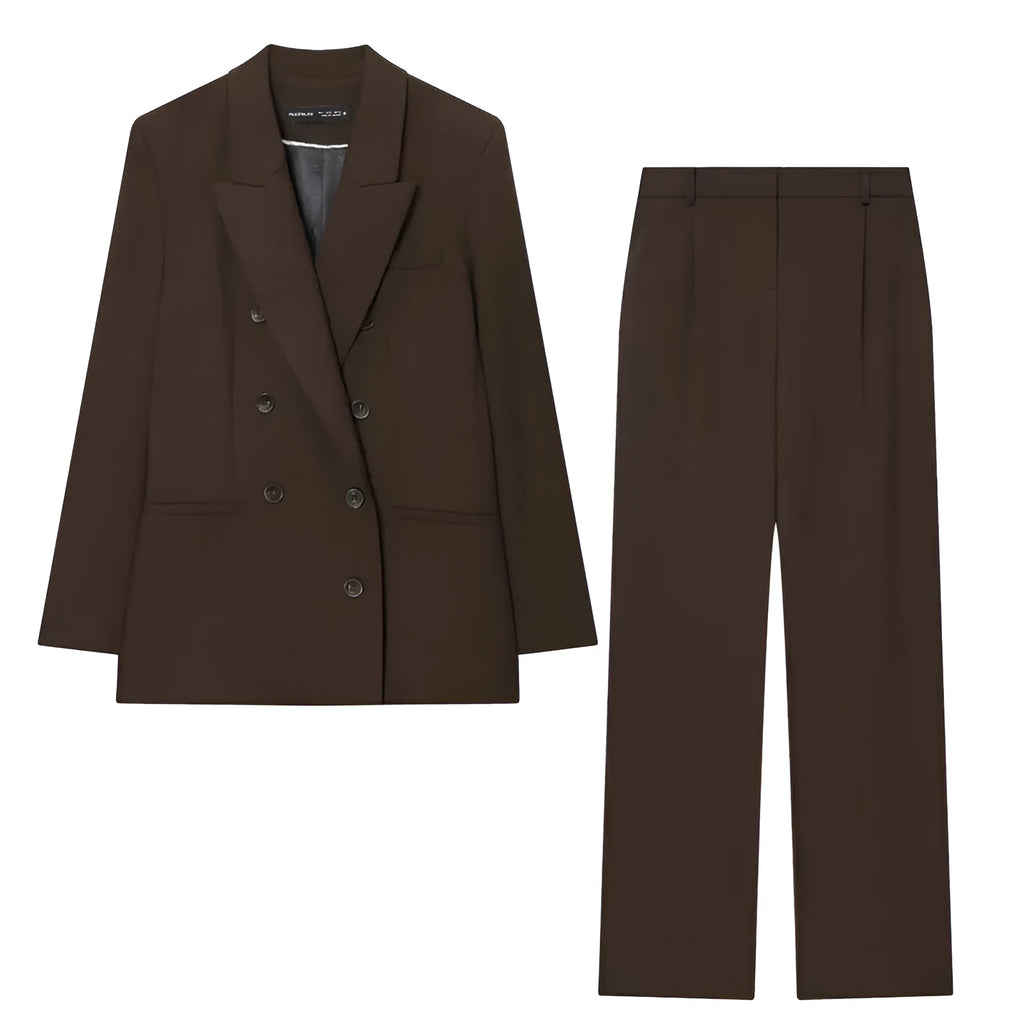 Womens pleated padded shoulder two piece set with straight-leg trousers solid colour polyester loose fit
