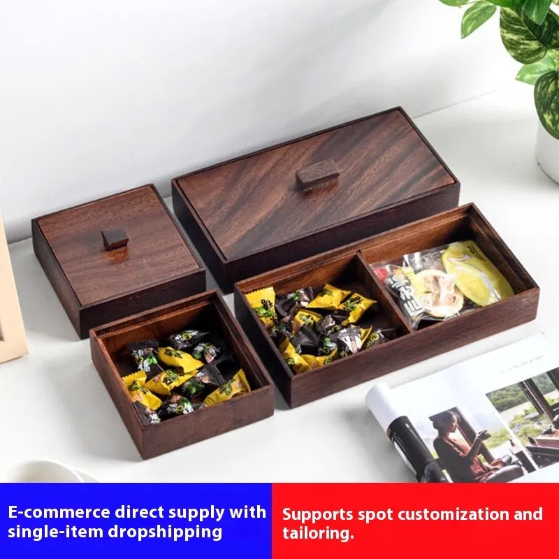 Solid wood snack candy trial tray in burlywood with New Chinese style, shown with multiple grid options including covered and uncovered versions.
