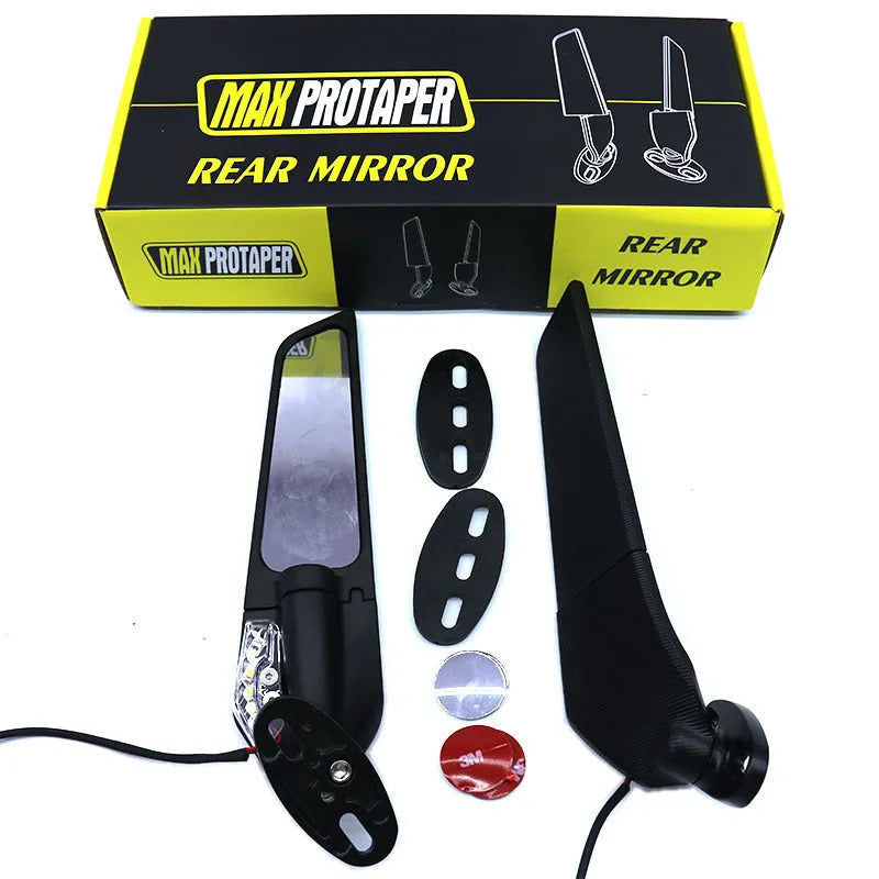 Pair of aluminium motorcycle mirror spoilers with yellow LED lights and convex glass lenses.