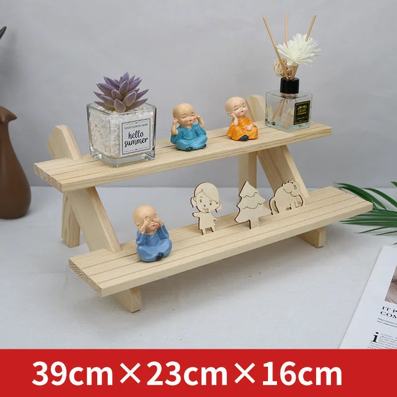 Multi-layer wooden stepped shelf, floor-standing, in Natural Wood Colour or Walnut Colour, 2 to 5 tiers
