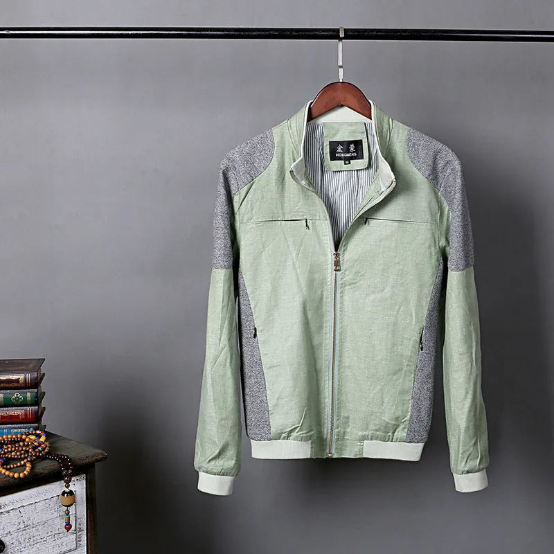 Men's thin linen blend casual jacket in regular fit, shown in heather grey, on a hanger.