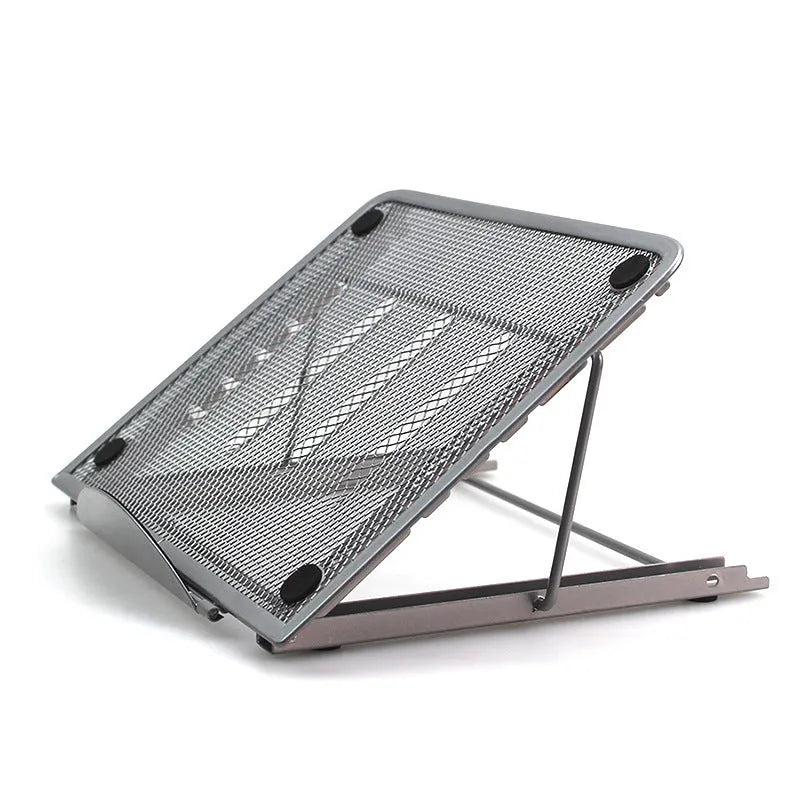 Silver adjustable laptop stand with six tilt angles, shown holding a tablet in horizontal orientation.