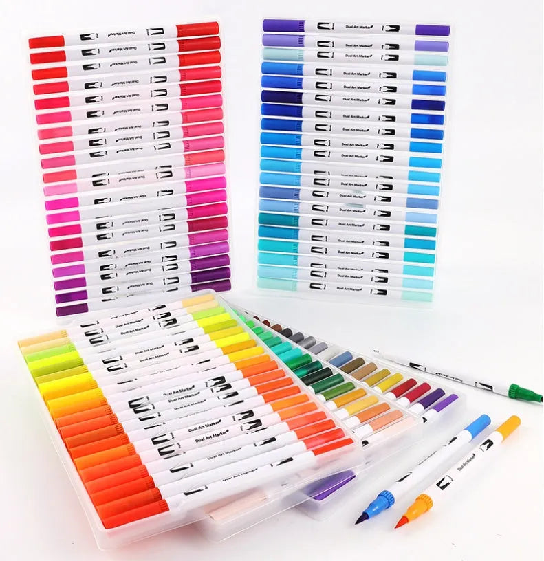 Set of ink watercolour pens in a case, showing multiple colour options including 100, 72, 60, and 48 count sets.