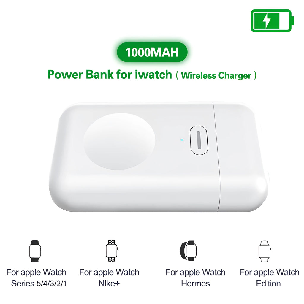 White magnetic wireless portable charger for Apple Watch showing compact size
