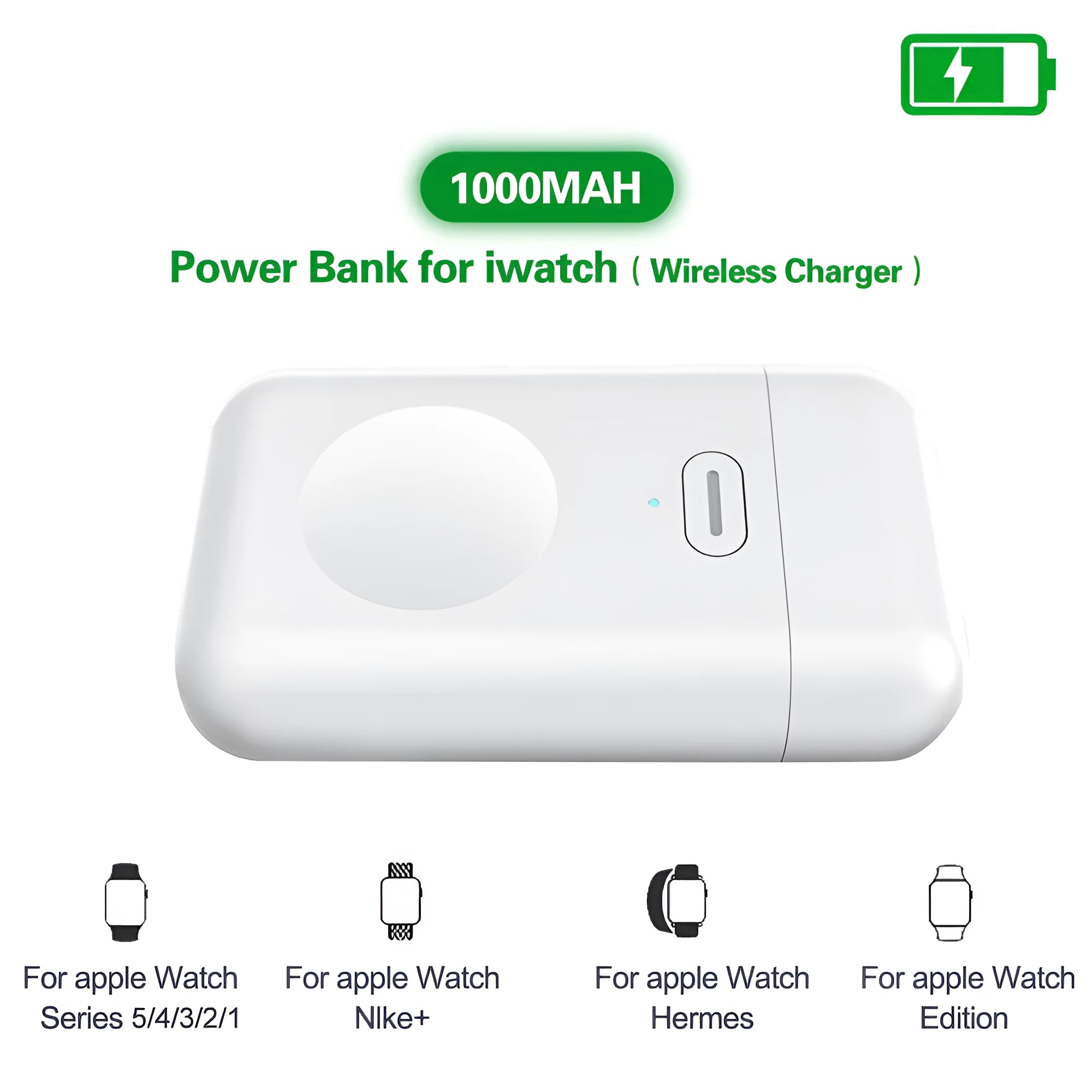 White magnetic wireless portable charger for Apple Watch showing compact size