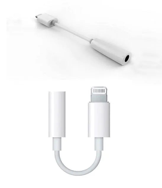 White Lightning to 3.5mm audio adapter cable with a short black TPU rubber cord.