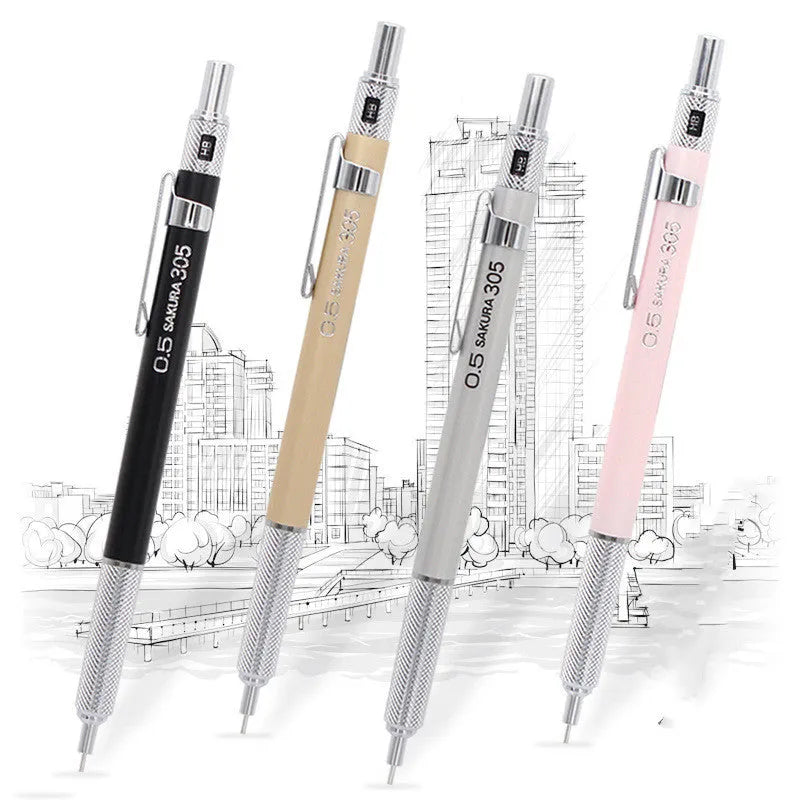 Japanese metal mechanical pencil in gold, silver, black, or pink, showing 0.3mm and 0.5mm lead size options.