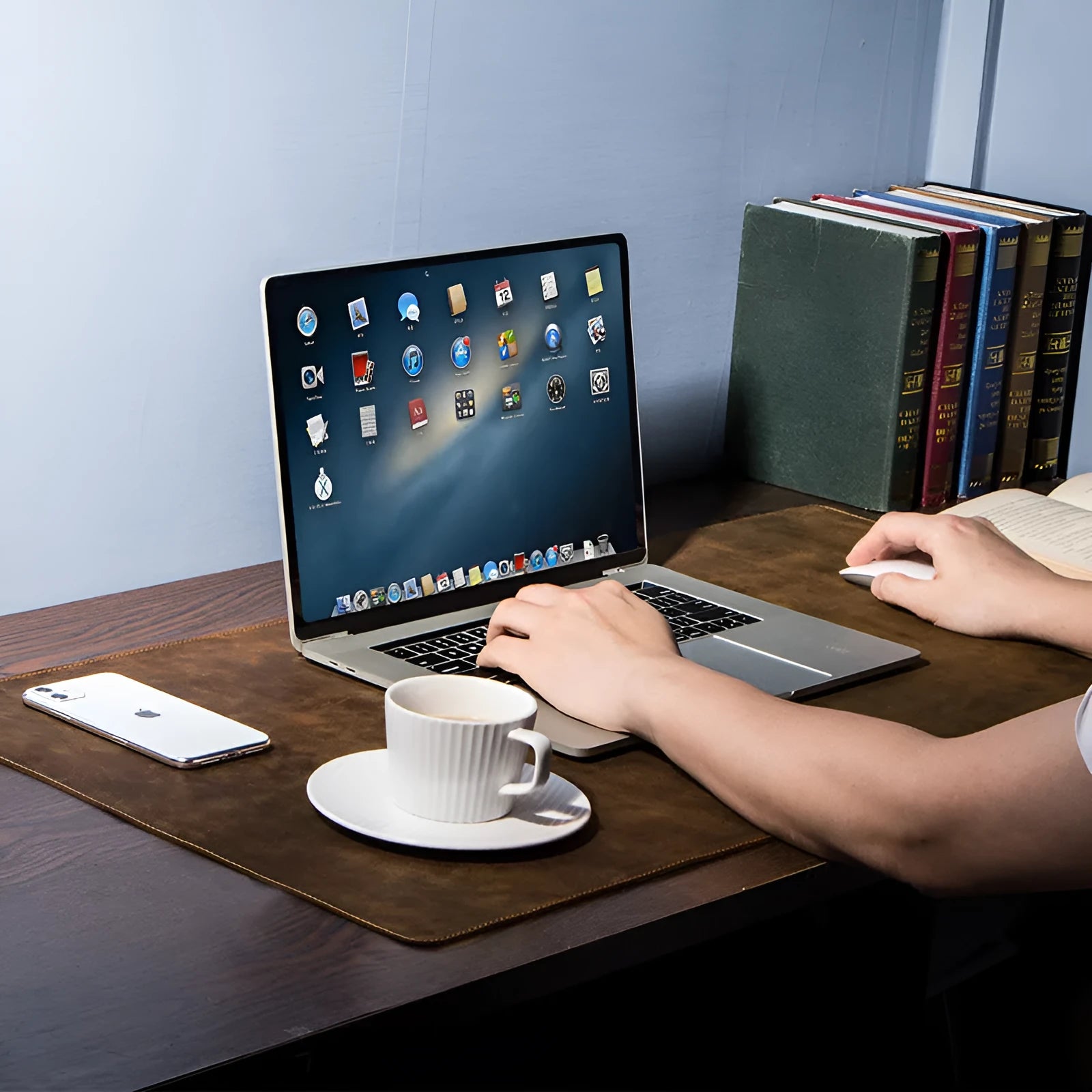 Extra large non-slip desktop computer desk leather pad in coffee colour, 90cm wide, mad horse skin material