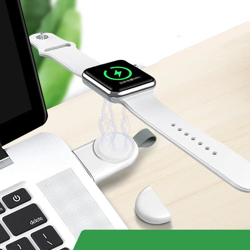 White magnetic wireless charger for Apple Watch with USB cable, 82 by 37 by 12mm