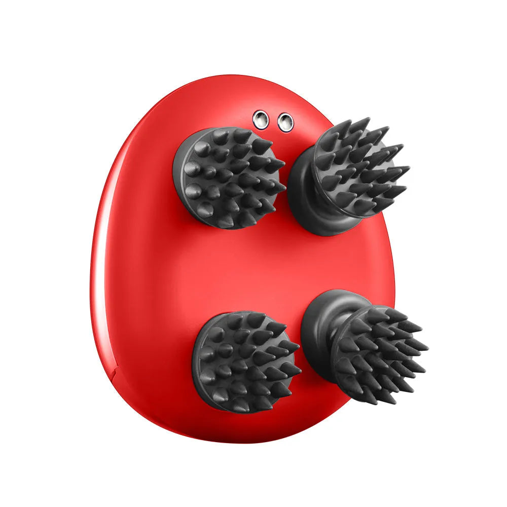 Red handheld electric scalp massager with soft silicone bristles showing 110mm x 120mm x 82mm dimensions