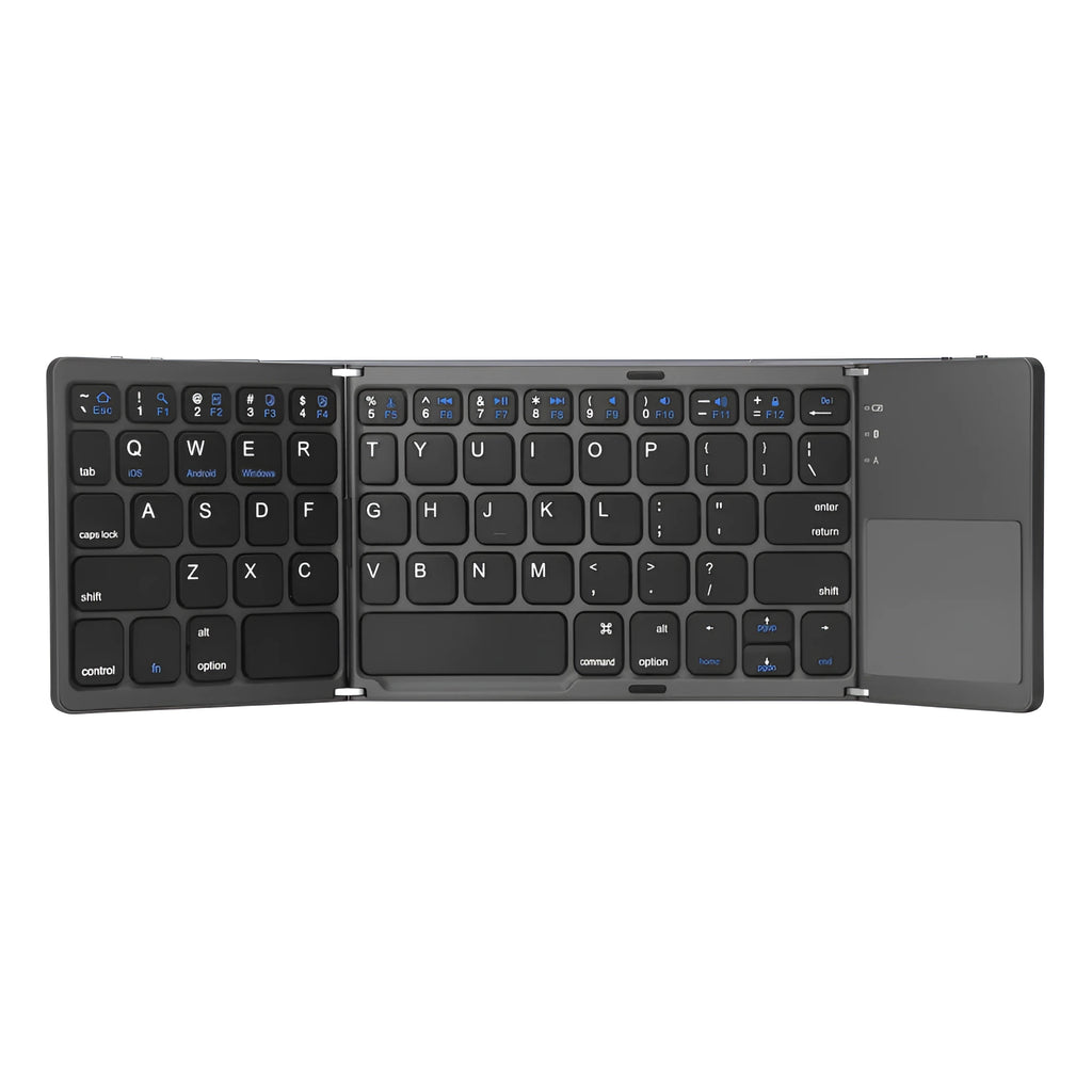 Ultra-thin tri-fold folding Bluetooth keyboard with touchpad in black or silvery white, showing folded and open positions