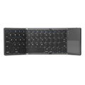 Ultra-thin tri-fold folding Bluetooth keyboard with touchpad in black or silvery white, showing folded and open positions