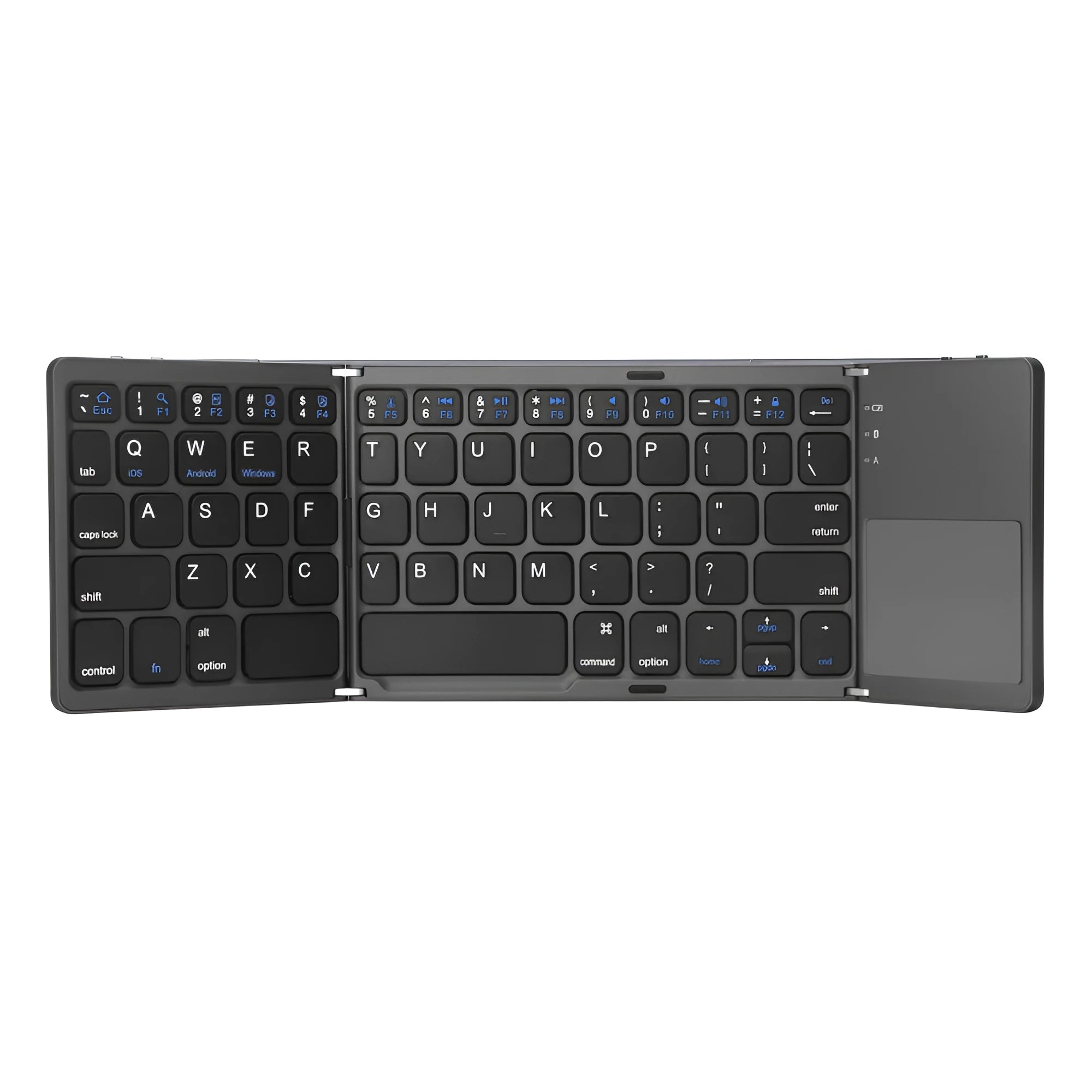 Ultra-thin tri-fold folding Bluetooth keyboard with touchpad in black or silvery white, showing folded and open positions