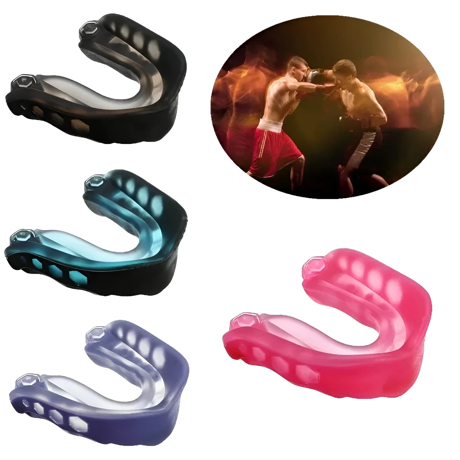 Boxing Sanda mouth guard with silicone double density, transparent lock box, and black colour option on white background