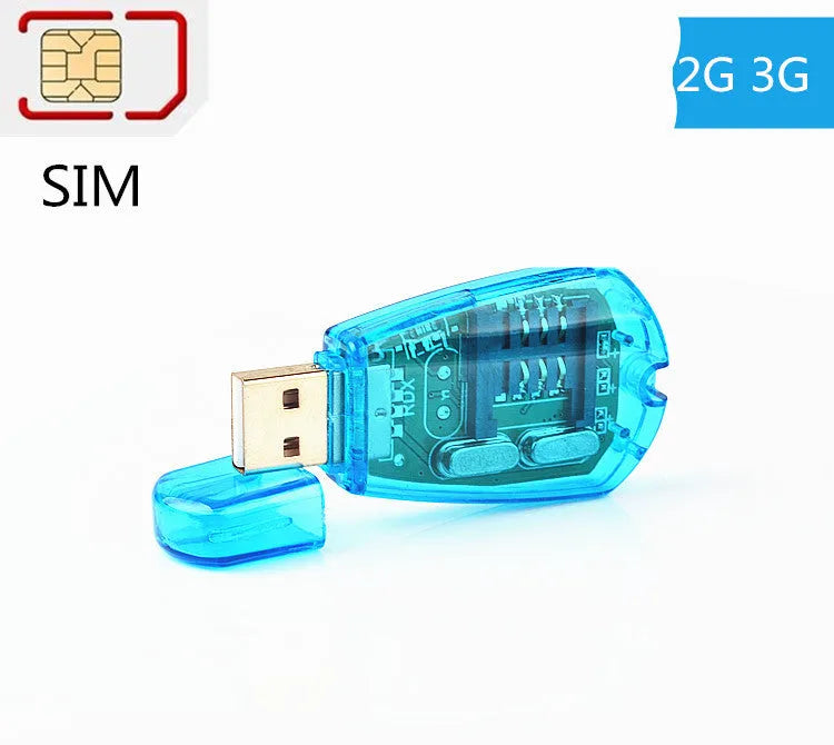 Blue mobile phone SIM card reader with USB 2.0 connector for computer data transfer