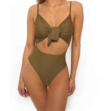 One-piece swimsuit tie knot print open back solid colour women's polyester swimsuit ZC2520