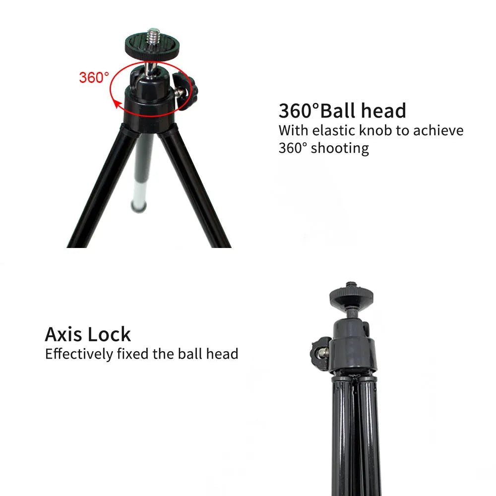Mini flexible aluminium desktop tripod with ball head extended, alongside a universal U-shaped black phone clip.