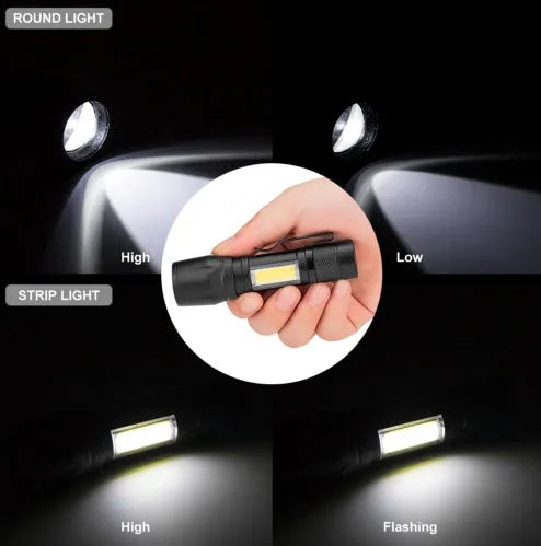 Small black aluminium telescopic LED flashlight with zoom adjustment and a pocket clip.
