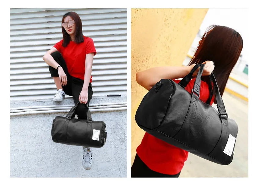 Black waterproof unisex sports fitness bag with diagonal straps and separate shoe compartments