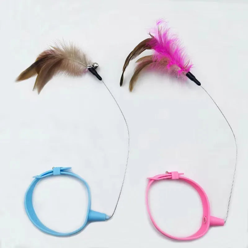 Blue adjustable cat wand toy with silicone feather collar and bell