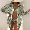 European and American three-piece swimsuit set with blouse, bra, and pants in polyester, available in multiple colours