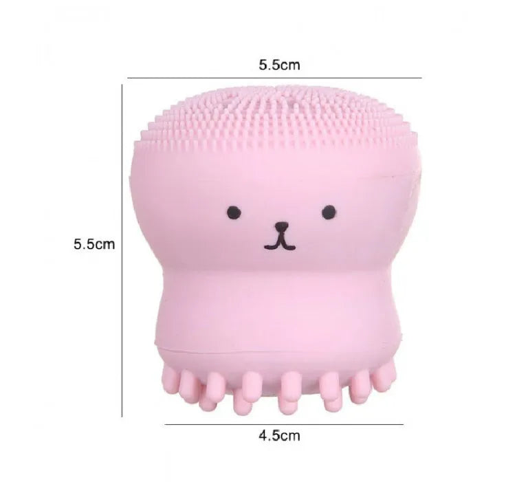 Cartoon octopus silicone wash brush in Blue, Green, Pink, Purple and Rose red for manual facial cleansing and massage.
