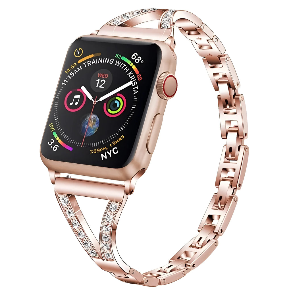 Stainless steel Apple Watch strap with diamond studs, shown in a choice of colours.