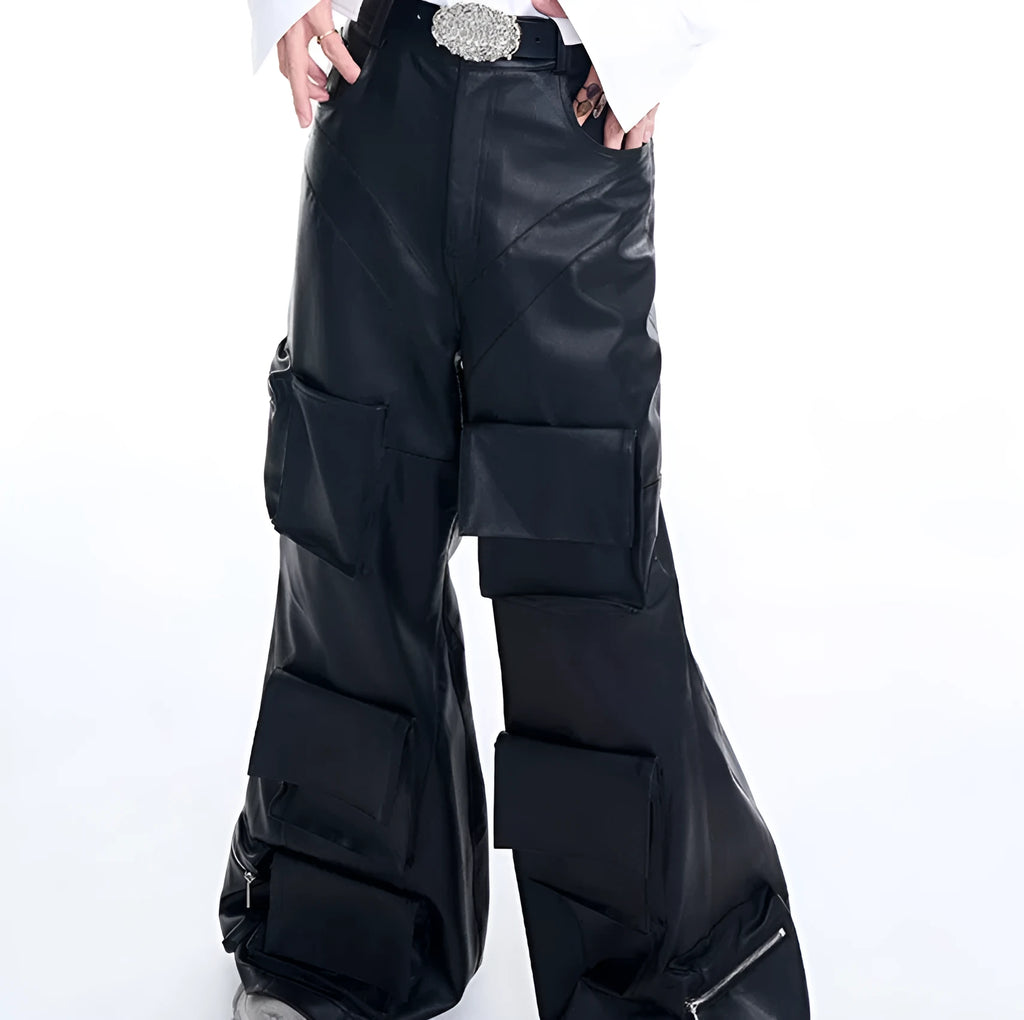 Black wide leg leather pants with three-dimensional pockets, autumn Korean style, sizes S to XL
