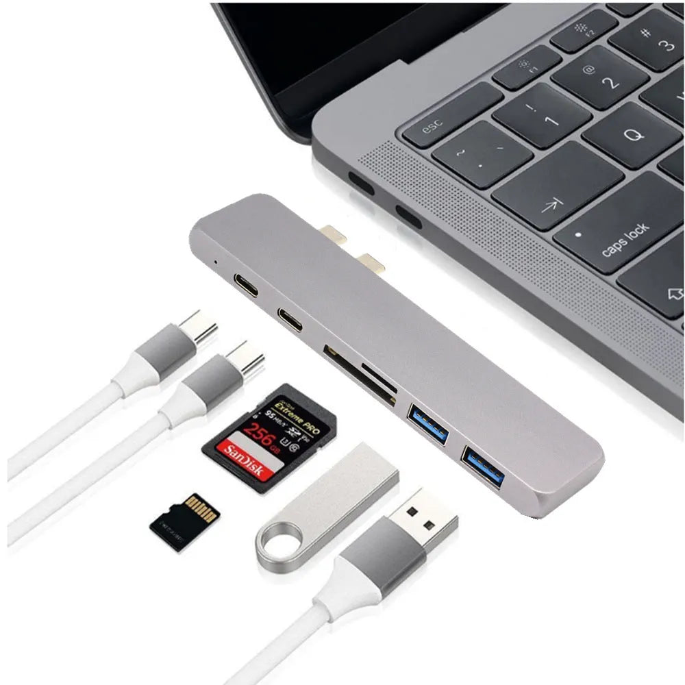 Dual Type-C seven-in-one hub in aluminium-magnesium alloy with HDMI and USB ports, 12.7cm long