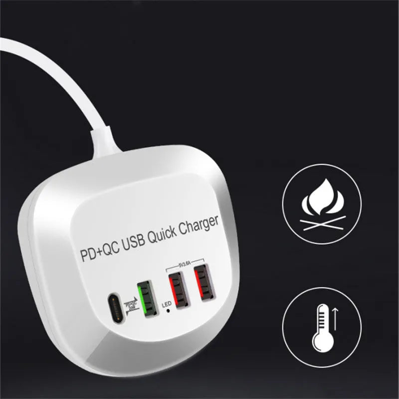 White 4-port USB charger with QC3.0, compact 90x31x86mm, with EU UK US plug adapters