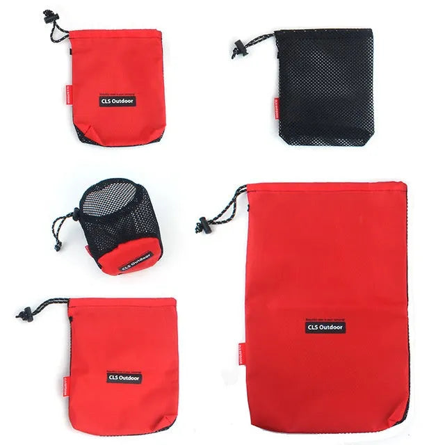 Five Oxford drawstring bags with 200D cloth and mesh in a set for storage and travel