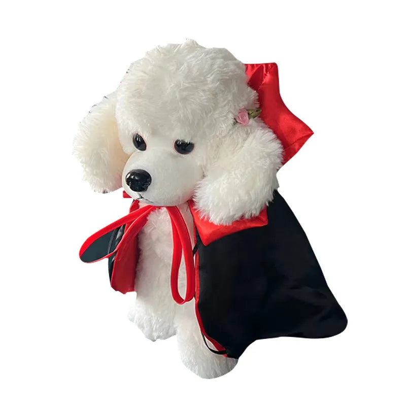 Halloween pet bat costume with cloak and pointed hat in red or purple colours
