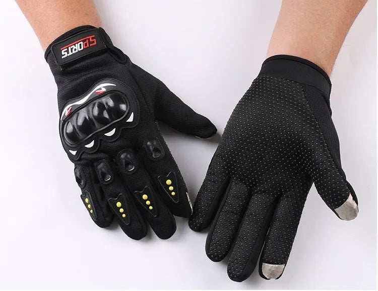 Black outdoor motorcycle non-slip gloves with hard shell and velcro closure