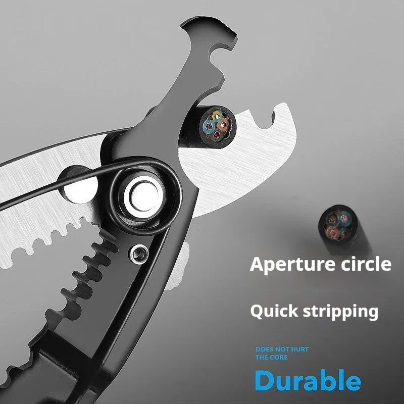 Fully automatic wire stripping pliers tool with 45# steel body on a white background.