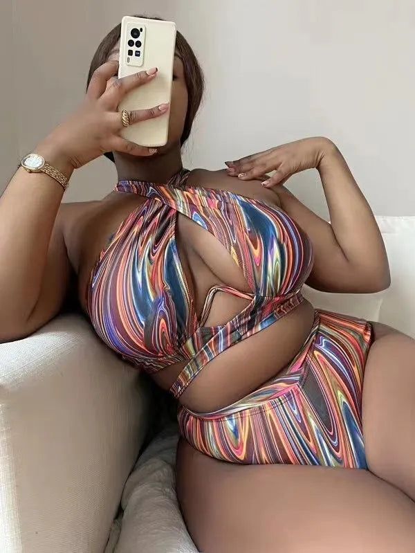 Women's plus size high waist floral bikini swimsuit with split leg design