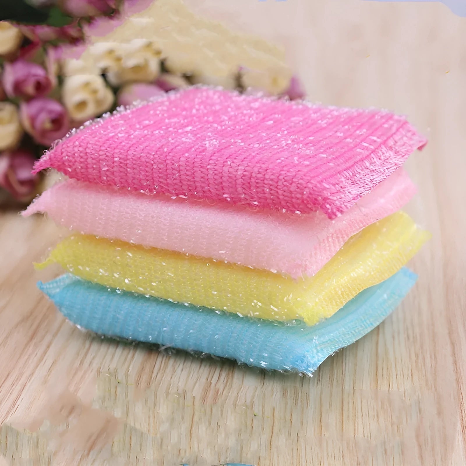 Fine stripe scrubbing King sponge mop in macaron colours showing pinstripe fabric texture on a sponge body.