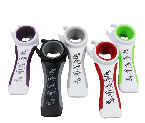 5 in 1 stainless steel and PP can opener and bottle opener, 14.5 cm by 5 cm, 70 g, in black, black grey, green, purple or white.