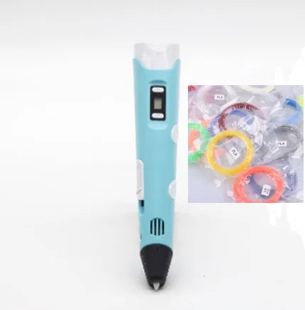 Yellow 3D printing pen with 12 colour PLA filament spools and UK power adapter on a white background