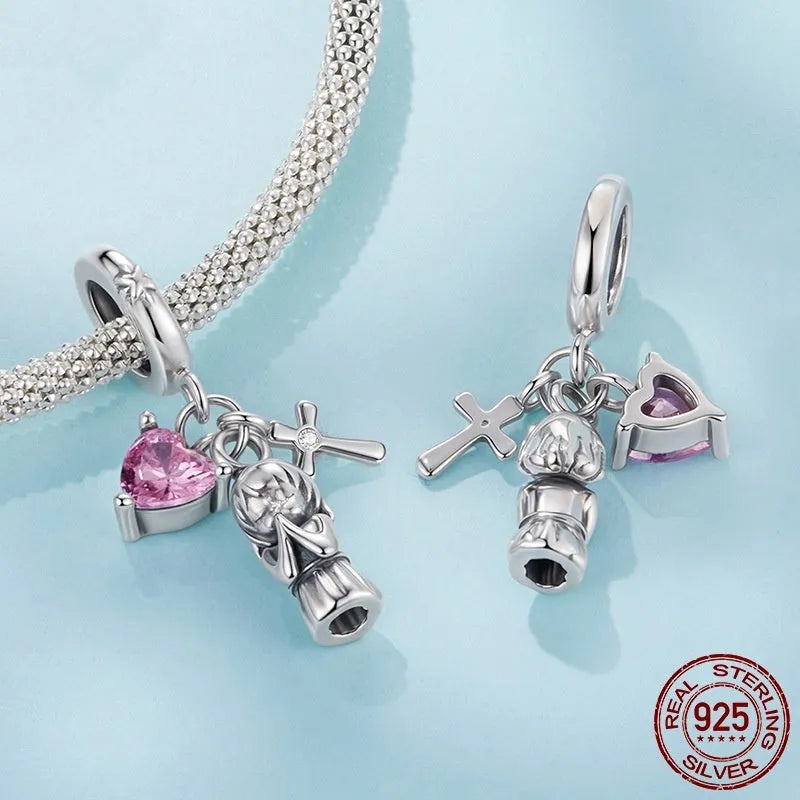 S925 sterling silver heart cross pendant bead, 2.6cm x 1.5cm with 0.45cm hole for DIY bracelet jewellery