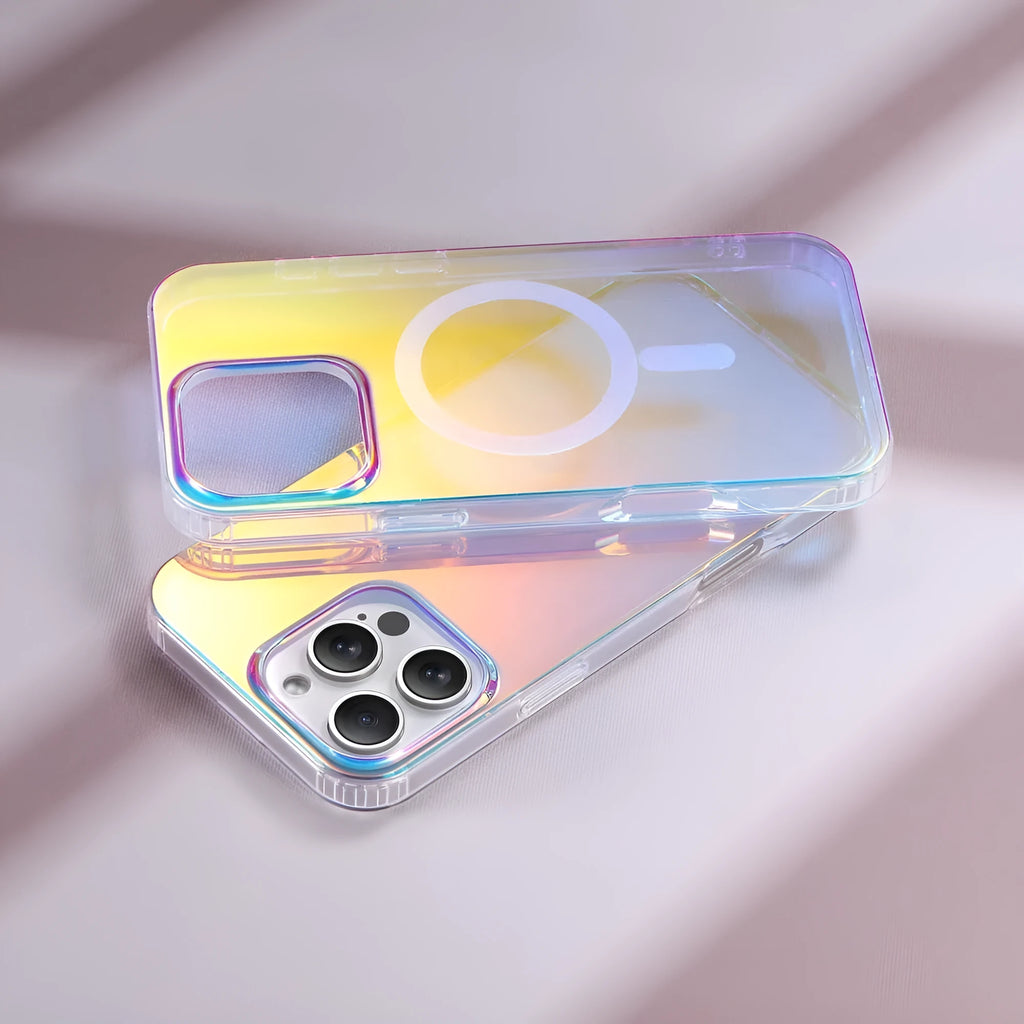 Glossy transparent magnetic iPhone case with colour-changing chameleon finish on a smartphone.