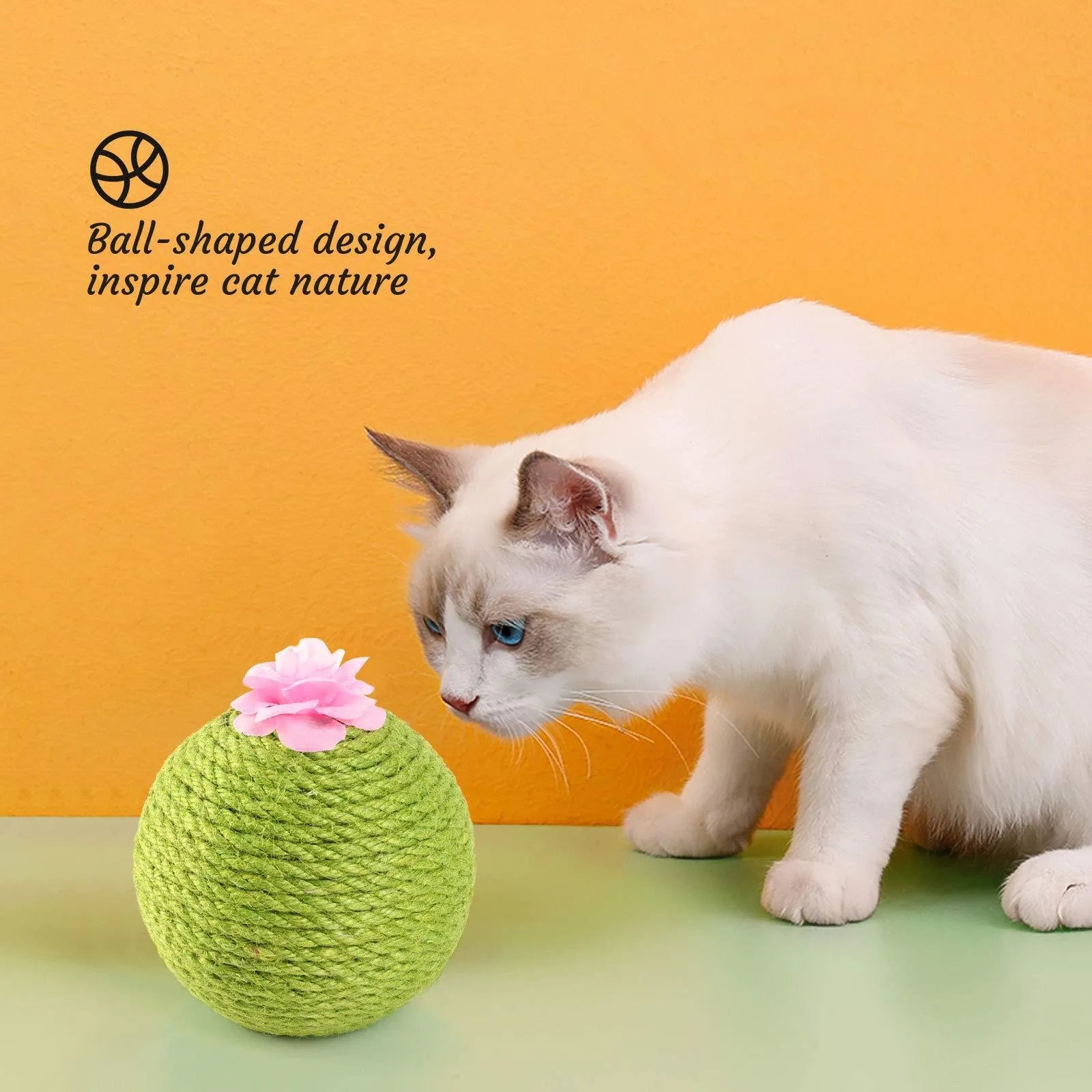 Green cactus-shaped cat scratcher with sisal fibres and attached tumbler ball for indoor play