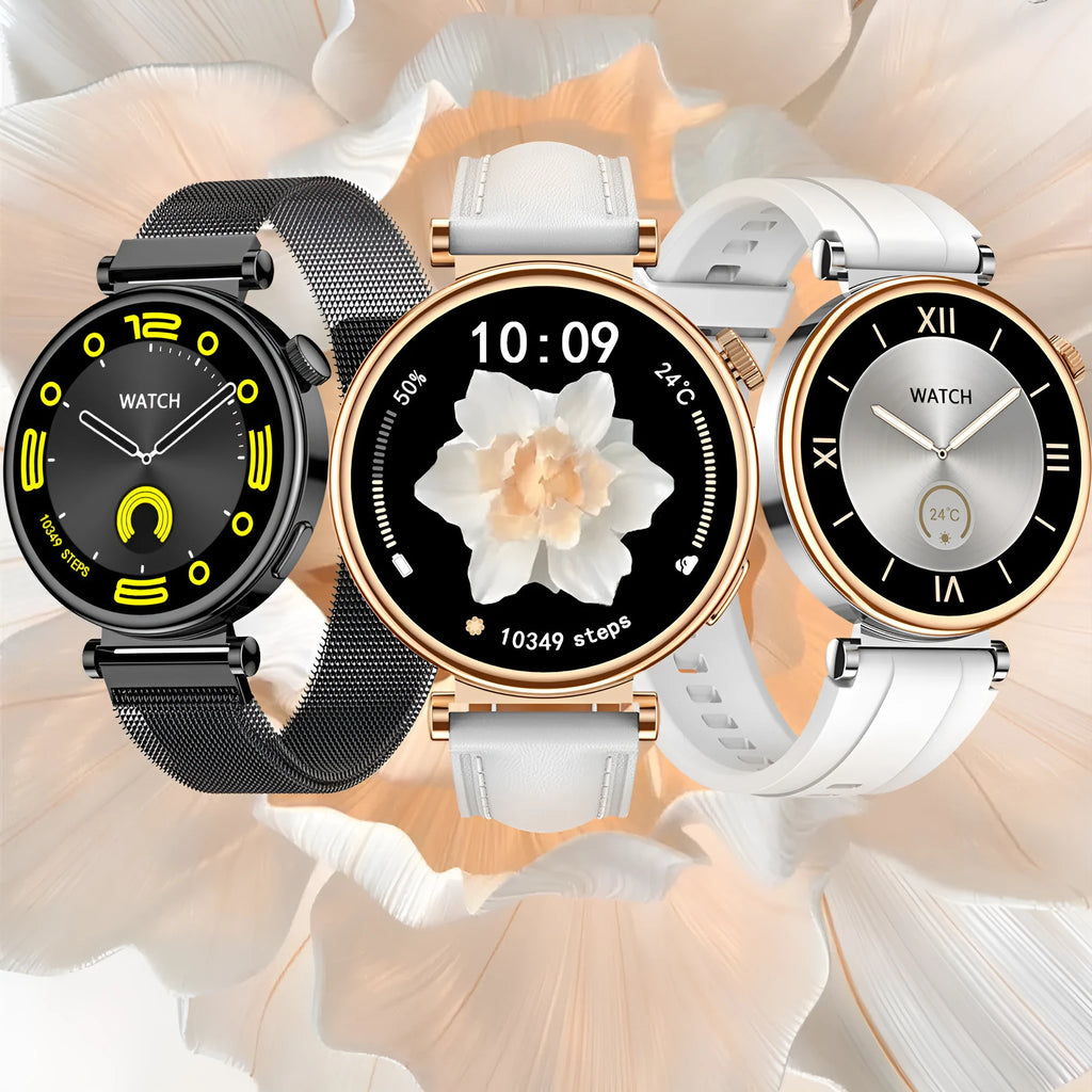 Women's fashion smart watch with 1.3-inch AMOLED display, heart rate and blood pressure monitoring, silicone or steel strap