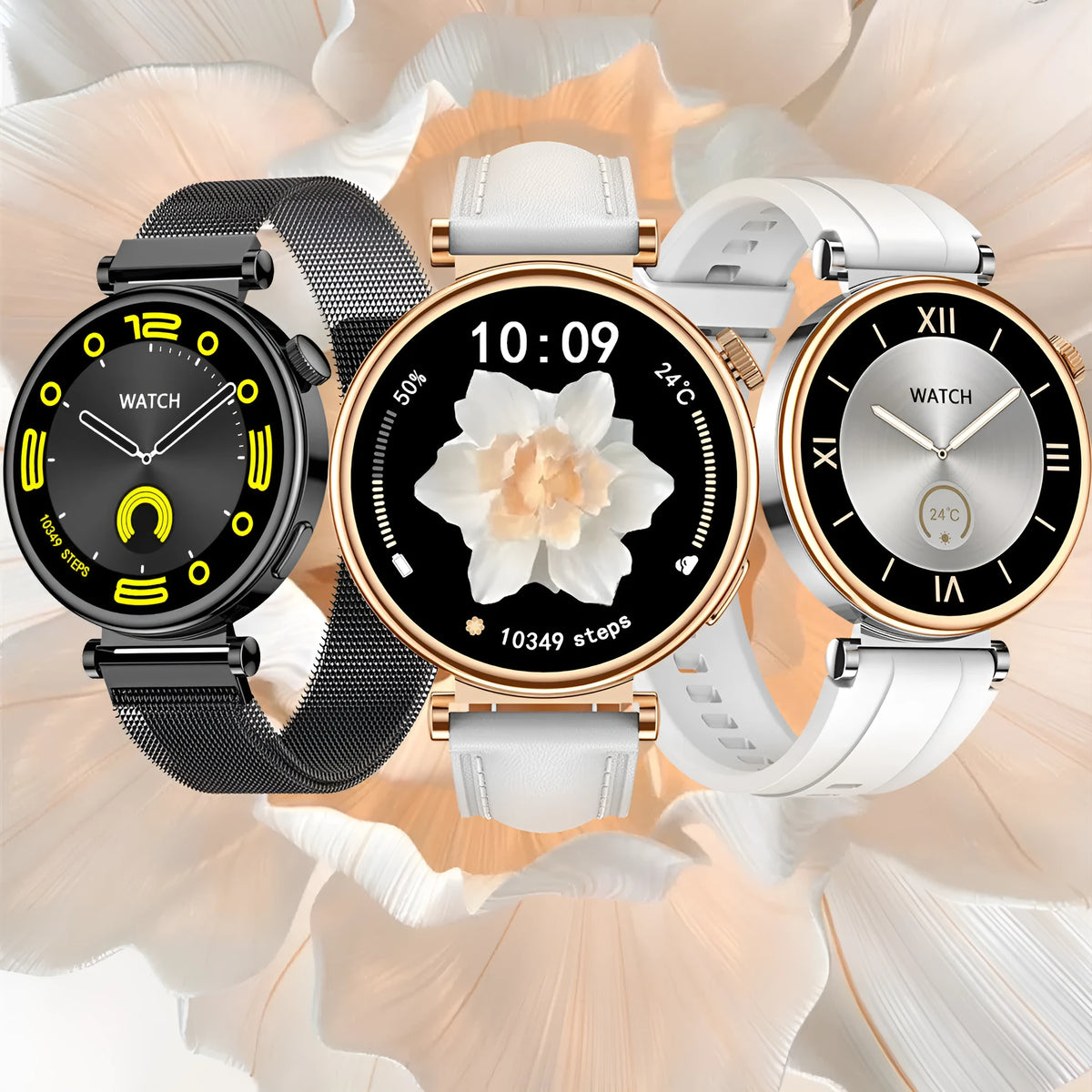 Women's fashion smart watch with 1.3-inch AMOLED display, heart rate and blood pressure monitoring, silicone or steel strap
