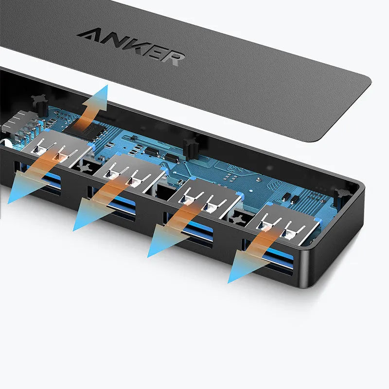 Black Anker 4-port USB 3.0 hub measuring 30x107mm with 20cm connecting cable