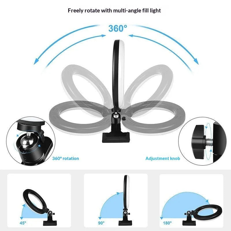 26cm desktop continuous ring light with strong clip, USB powered, 3200-5600K colour temperature, CRI above 95