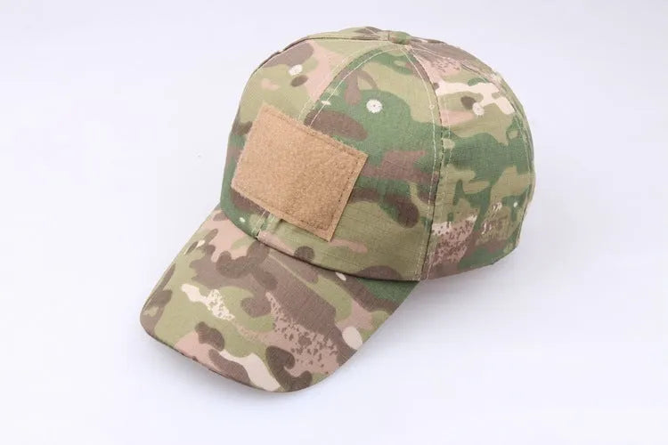 Velcro camouflage baseball cap with embroidered patch on a plain background