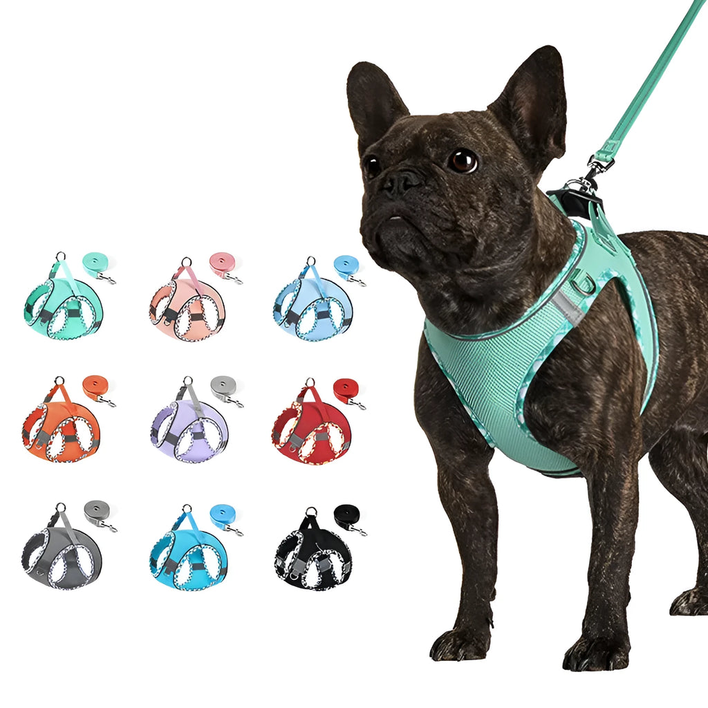 Step-in no-pull dog harness with breathable mesh, quick-release buckle, reflective strips, and attached 1.2m leash.